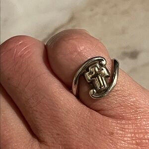 14K Gold Cross inlay, sterling silver pinky ring